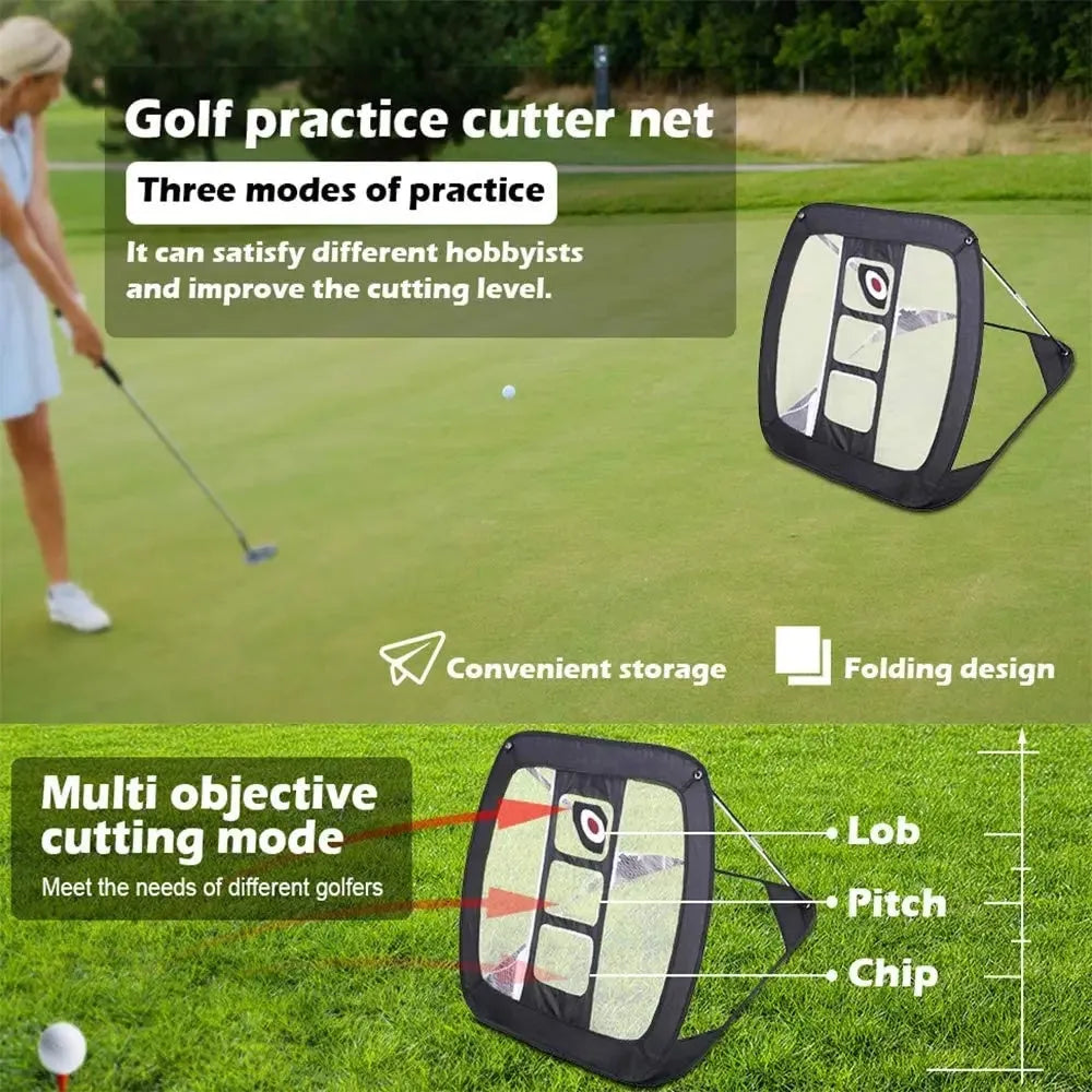 Black foldable golf chipping net with ball collection system, 67x86.5cm, 210D polyester pop-up design