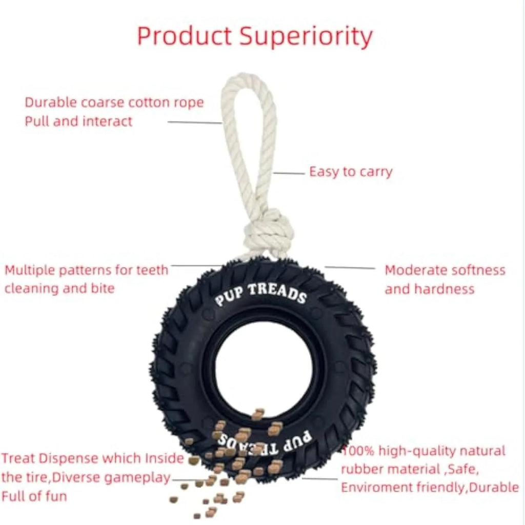 Durable natural rubber dog chew toy for aggressive chewers, tire design, large 35cm size, black