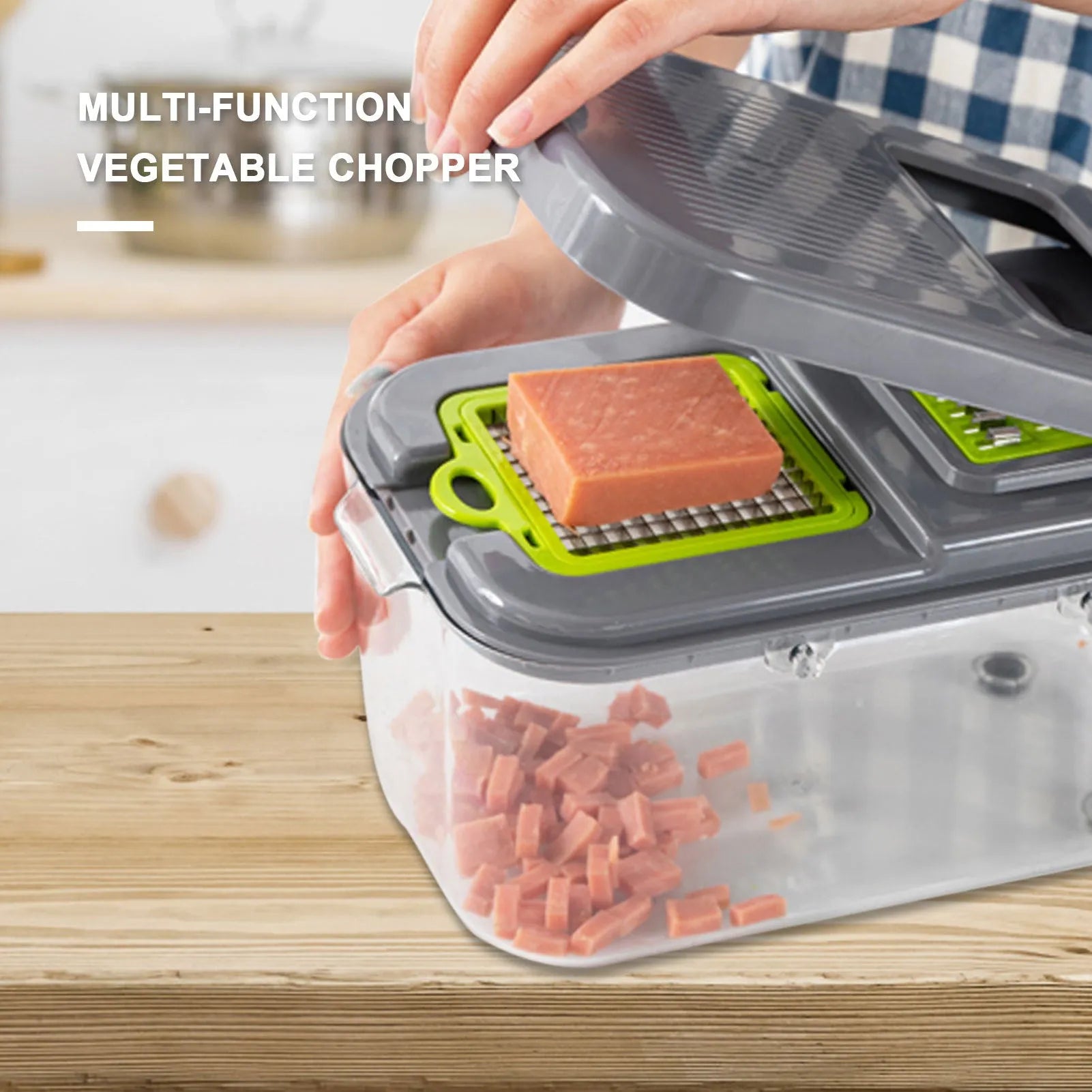 Grey multifunctional vegetable cutter with stainless steel blades and ABS body, foldable design, water filter basket, 26x15.5x14.5 cm