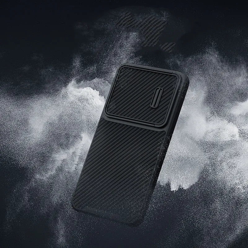 Matte black Samsung S23 Ultra phone case with a push-down camera lens cover, made from TPU, PC and carbon fibre.
