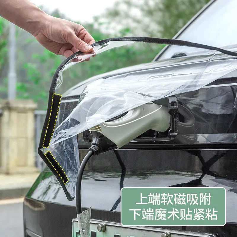 Black electric vehicle charging rain cover with magnetic strips unfolded to show 60cm x 50cm size