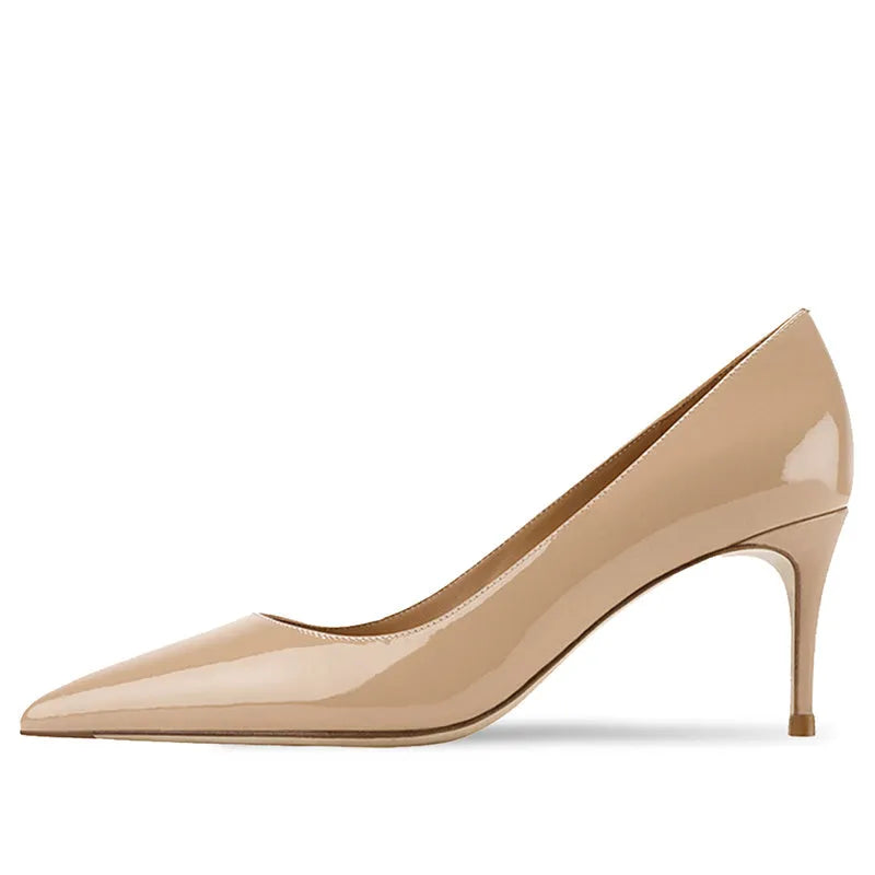 Women's high-heeled pointed toe shoes with soft sole construction in black and skin tones