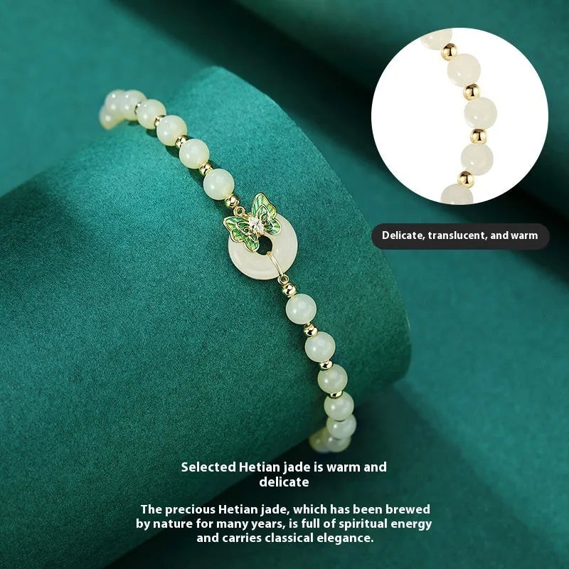 Cyan Hetian jade bracelet with silver-inlaid butterfly design and 6mm beads