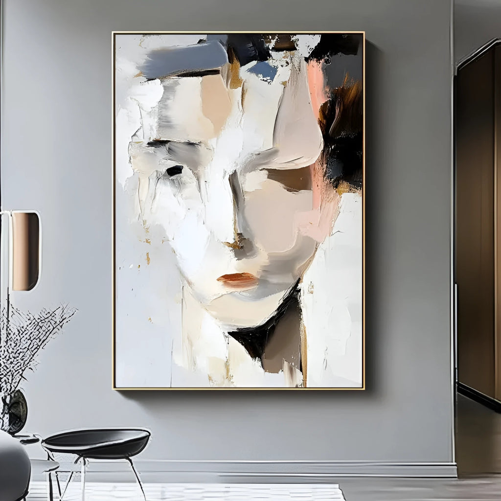 Abstract woman portrait hand-painted oil painting on canvas, modern black and white vertical one-panel wall art, unframed