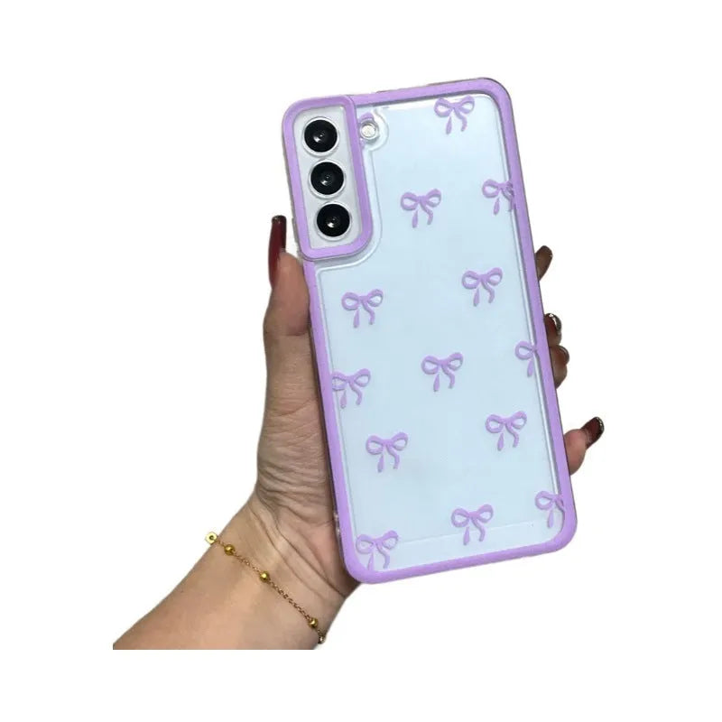 Transparent Samsung TPU phone case with three-dimensional bowknot design in blue, pink or purple bow options.