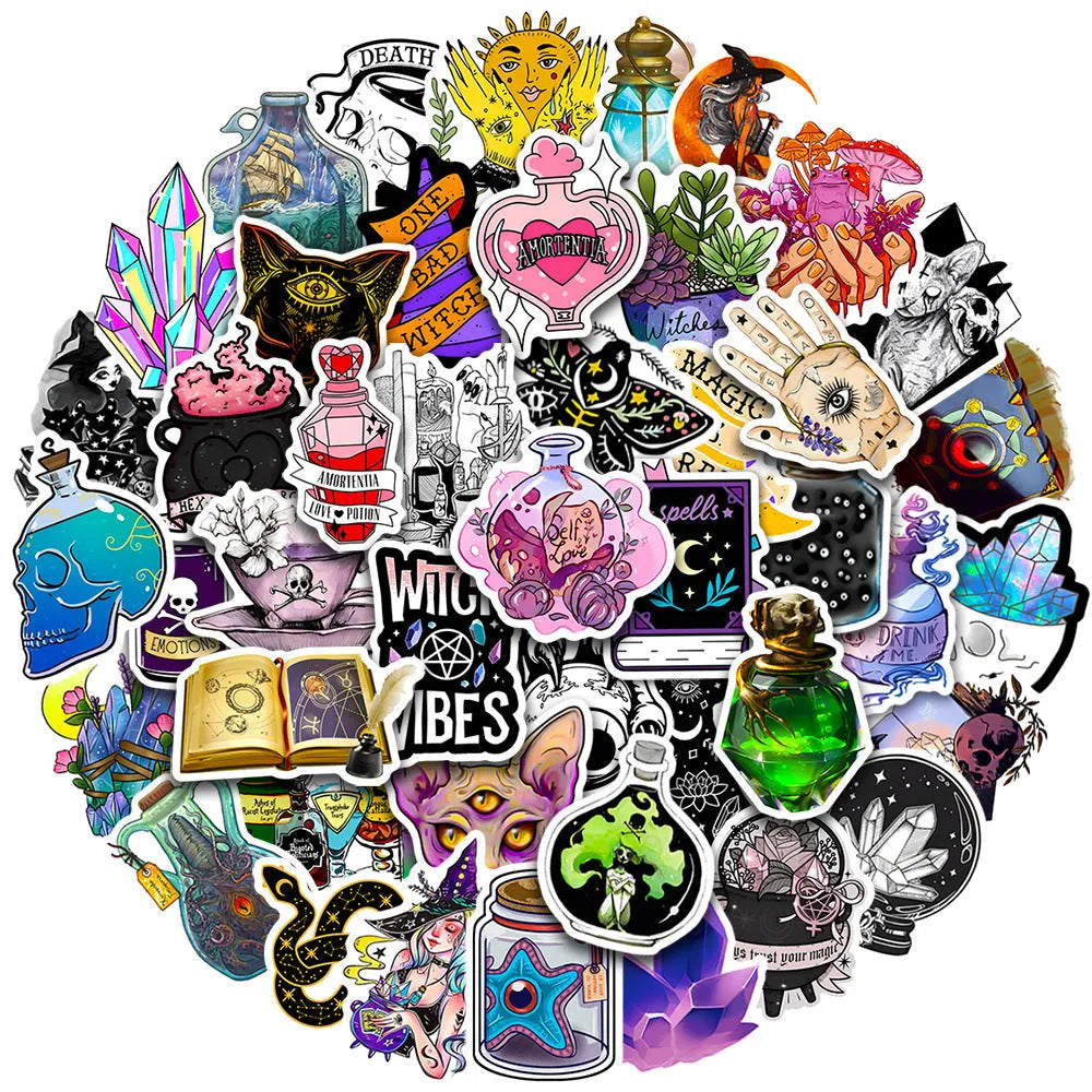 50 piece waterproof PVC luggage stickers with glossy finish in sizes 3cm to 8cm