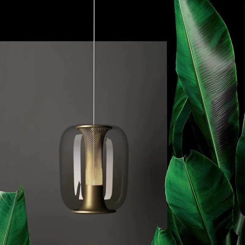 Nordic minimalist chandelier with 16cm diameter shown in transparent, cognac, and smoky grey colour options