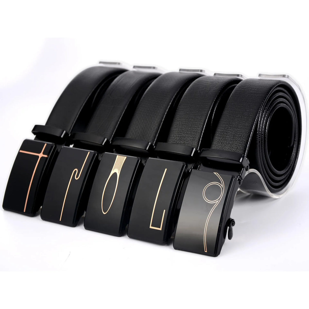 Men's automatic buckle belt with iron mirror acrylic buckle, imitation leather strap, patent leather finish