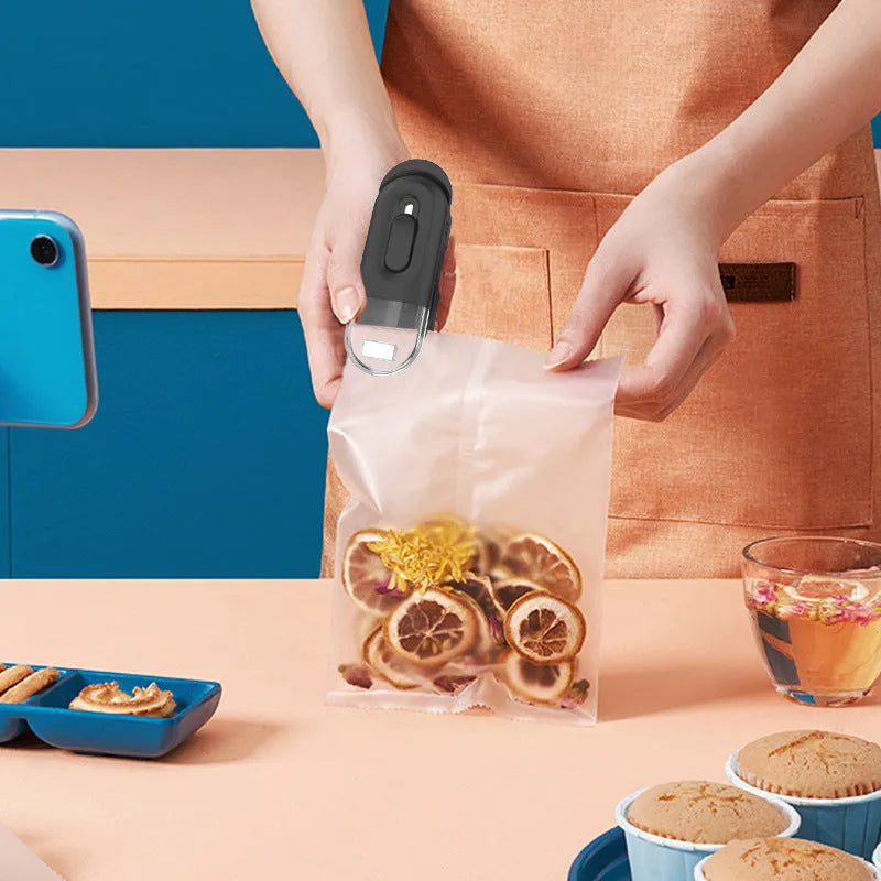 Handheld ABS bag sealer and resealer with cutter, battery powered, 100 x 38 x 35mm, in black, white or Lake Blue.
