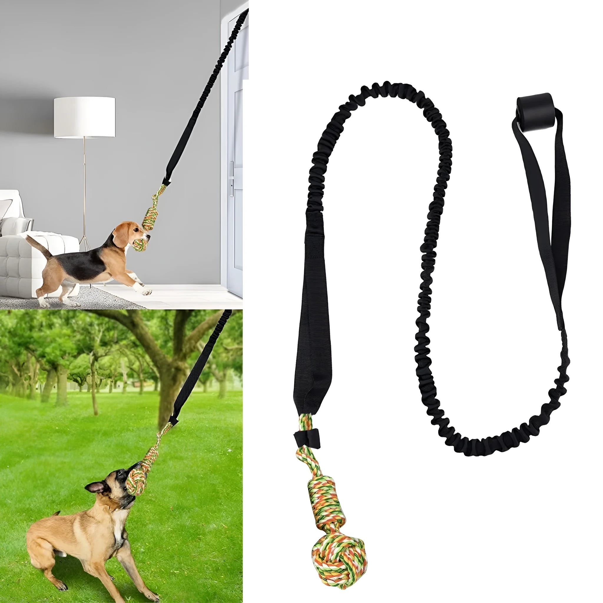 Cotton dog tug of war rope toy in black, grey, or red for chewing and interactive play.