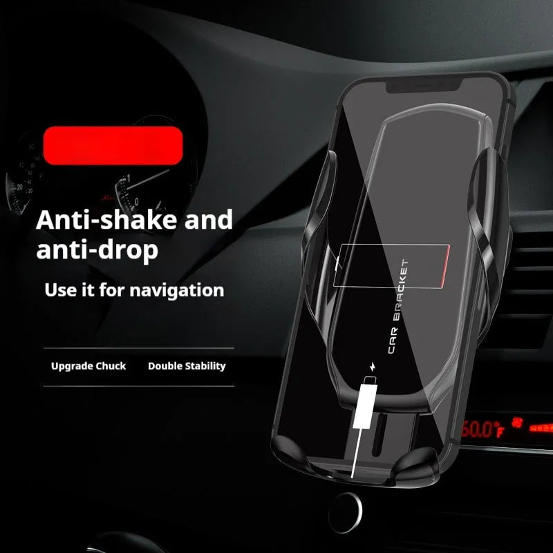 Car air outlet phone holder with wireless charging and electric clamping in black, red, or green