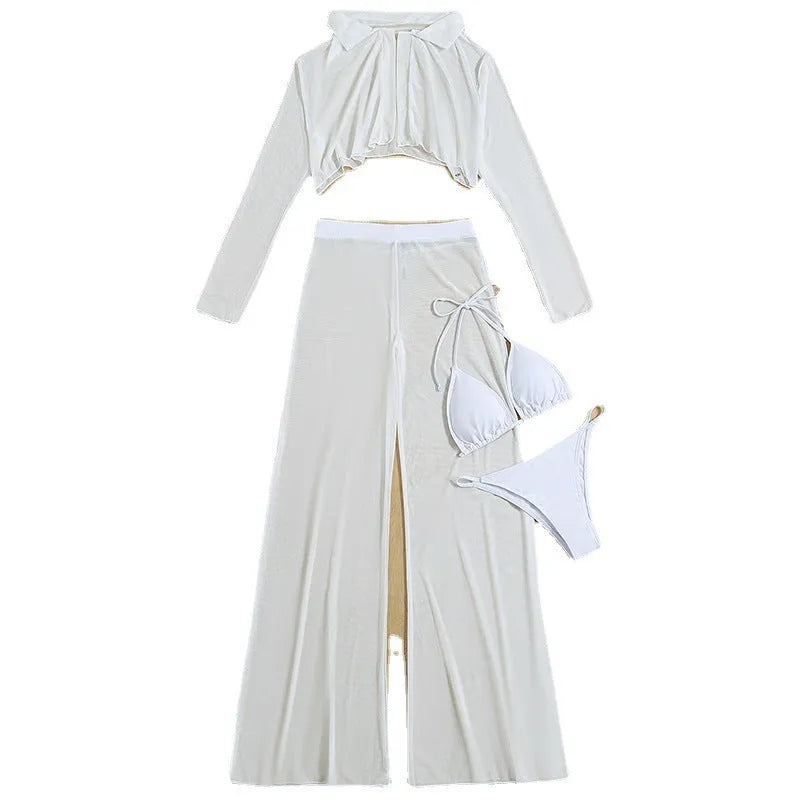 White women's swimsuit four-piece set showing backless top and high-waisted trousers