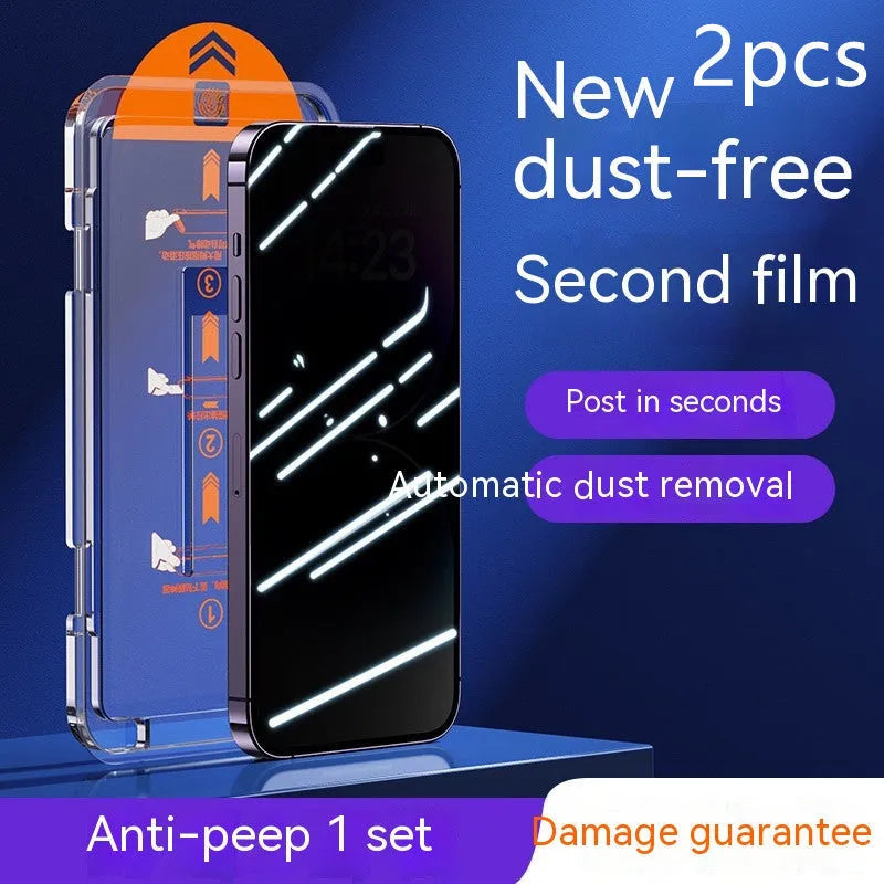 Two-pack iPhone tempered glass screen protector showing HD and privacy peep-proof options with dustproof net.