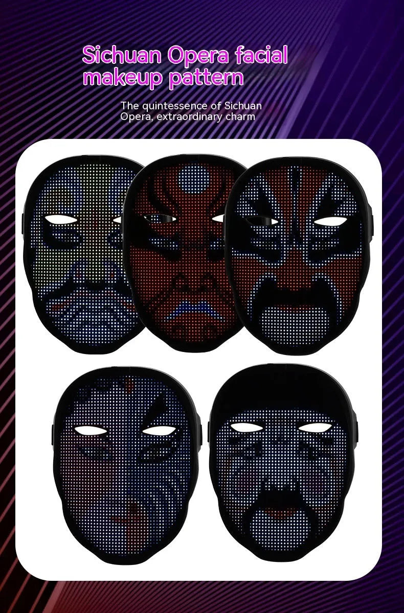 Avengers-themed electronic LED face mask with multi-colour changing lights on display.