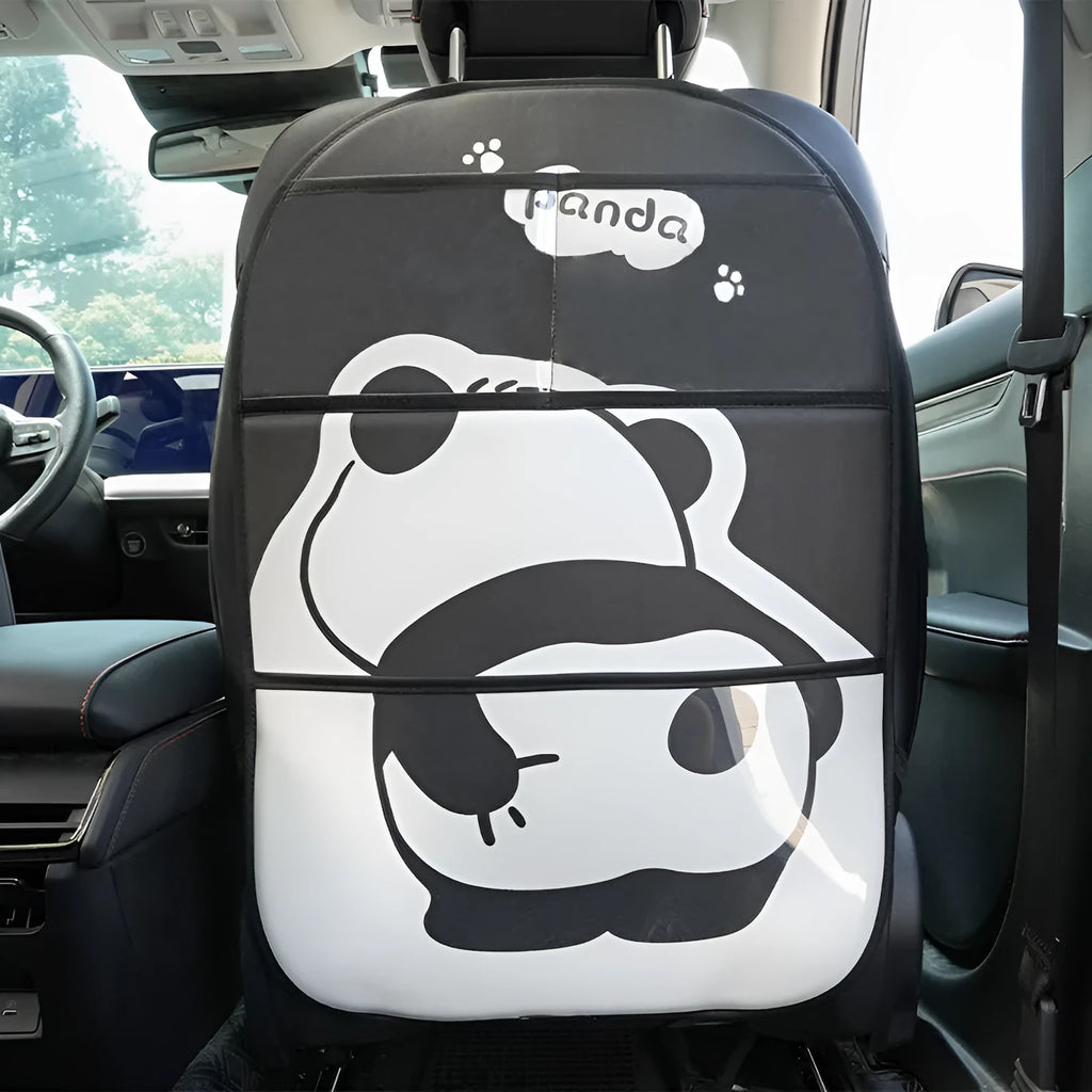 Large black and white leather Naughty Panda anti-kick pad for car backseat protection with cartoon design