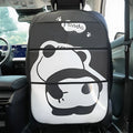 Large black and white leather Naughty Panda anti-kick pad for car backseat protection with cartoon design