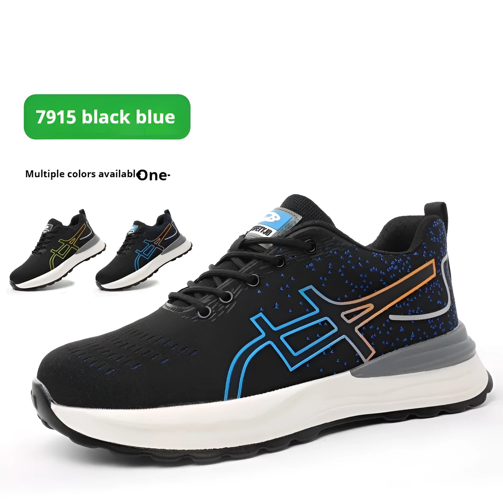 Low-cut safety protective shoes with fly mesh upper and rubber tendon construction in black/blue colour
