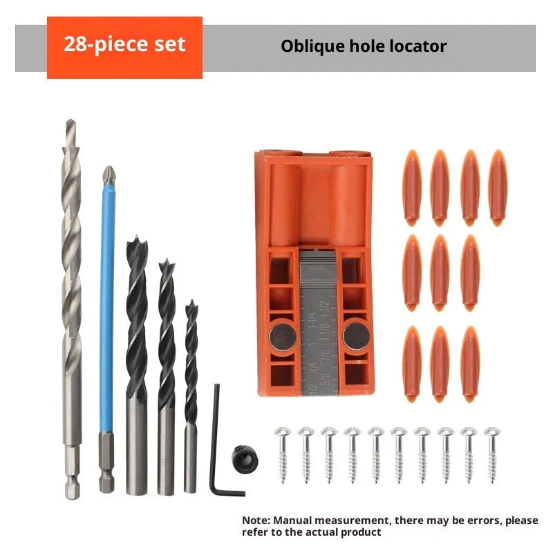 Orange plastic 28-piece oblique hole punching locator set with double-hole drilling positioning guide for woodworking