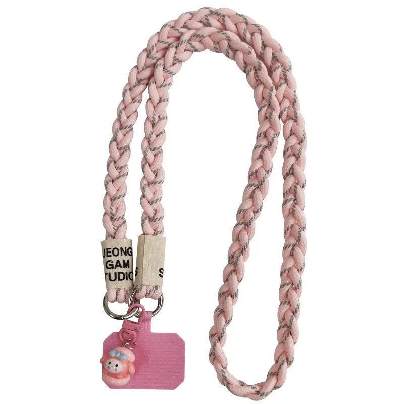 Long crossbody nylon phone lanyard with three-strand horse tail pendant and clip in assorted colours