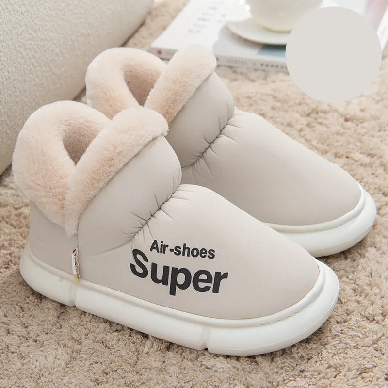 Warm house slippers with plush fleece lining and high back heel, shown in assorted colours.