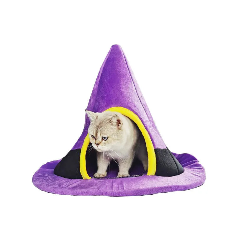 Purple cloth witch hat shaped cat bed for Halloween.