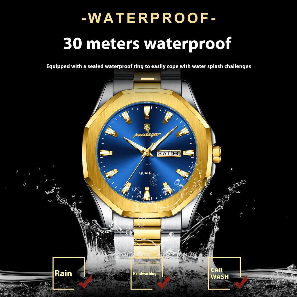 Men's steel strap quartz watch with business style and 9mm thickness, shown in a gold and blue colour variant.