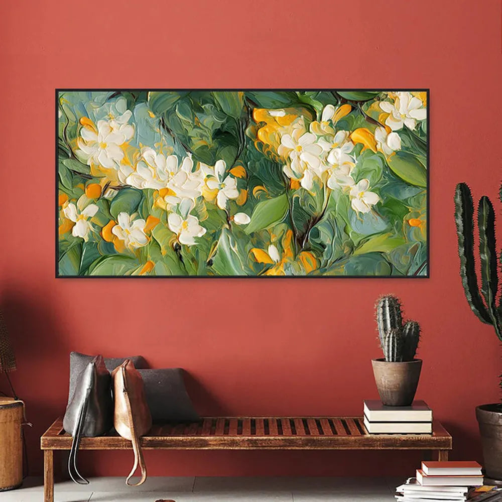 Handmade abstract floral oil painting on canvas with 3D texture, crabapple blossoms, frameless rolled artwork
