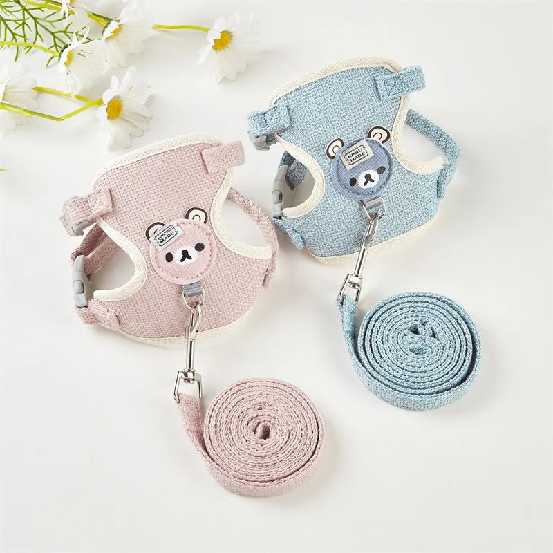 Adjustable cloth dog vest harness with rope lead in blue and pink for small and medium breeds
