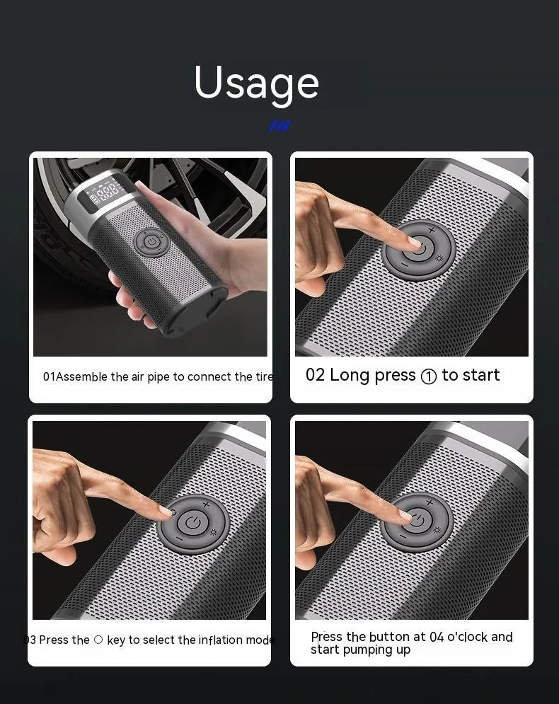Black portable wireless smart vehicle air pump with USB cable and multiple inflation nozzles on a grey background.