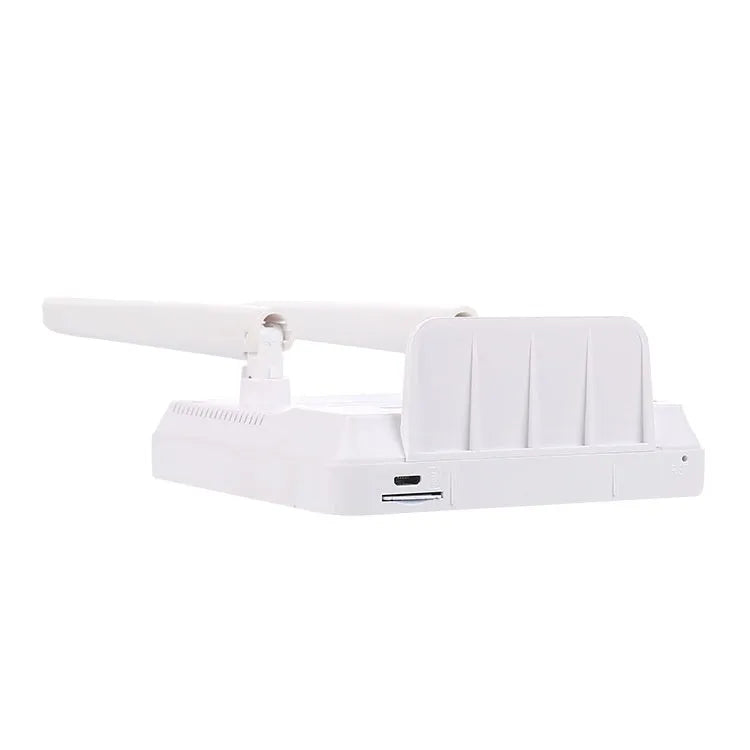 Home office LTE router with two antennas, DC power interface, and international power supply options
