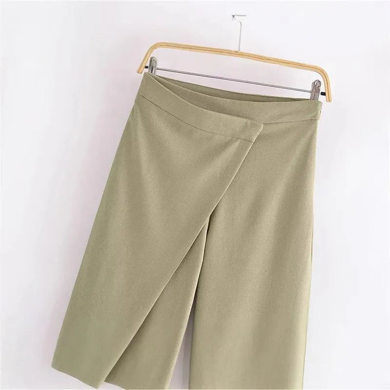 Women's casual cotton-linen blend straight-leg pants in khaki colour