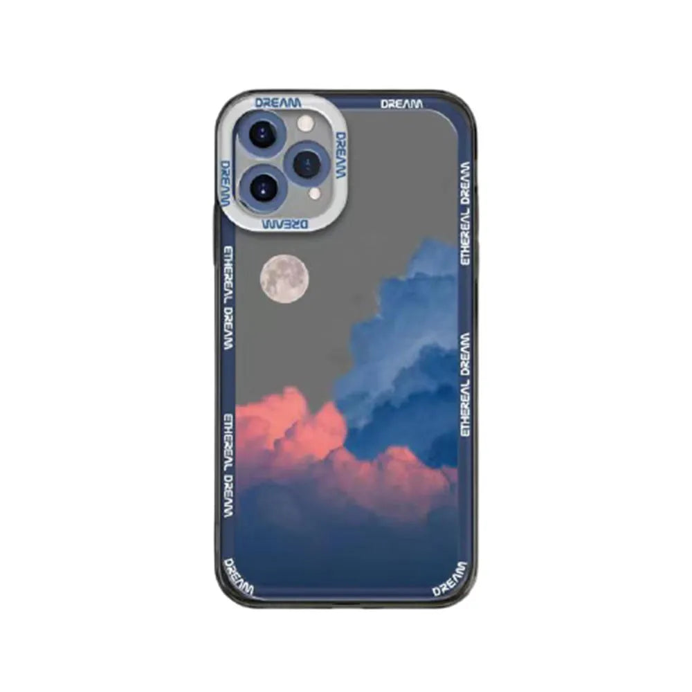Sunset clouds design TPU protective case for iPhone on a blue background.