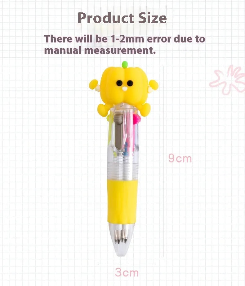 Four-colour press ballpoint pen with cartoon design showing cactus, fast food, fruits, heart wings, or seahorse themes