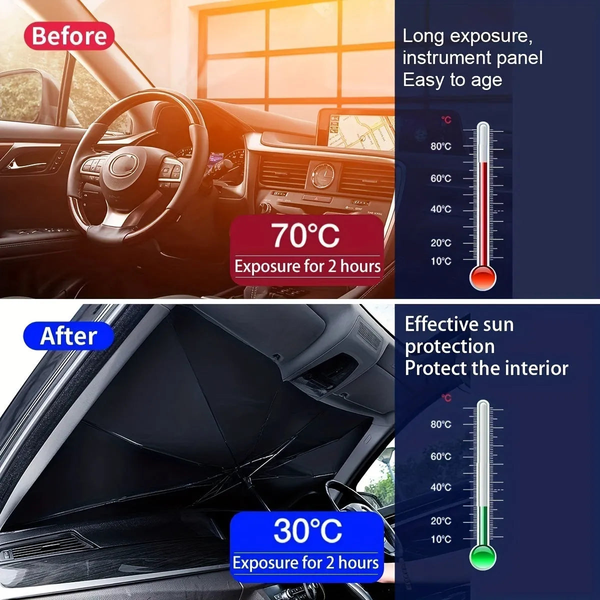 Foldable car windshield sunshade umbrella shown open against a car windscreen and folded compactly.