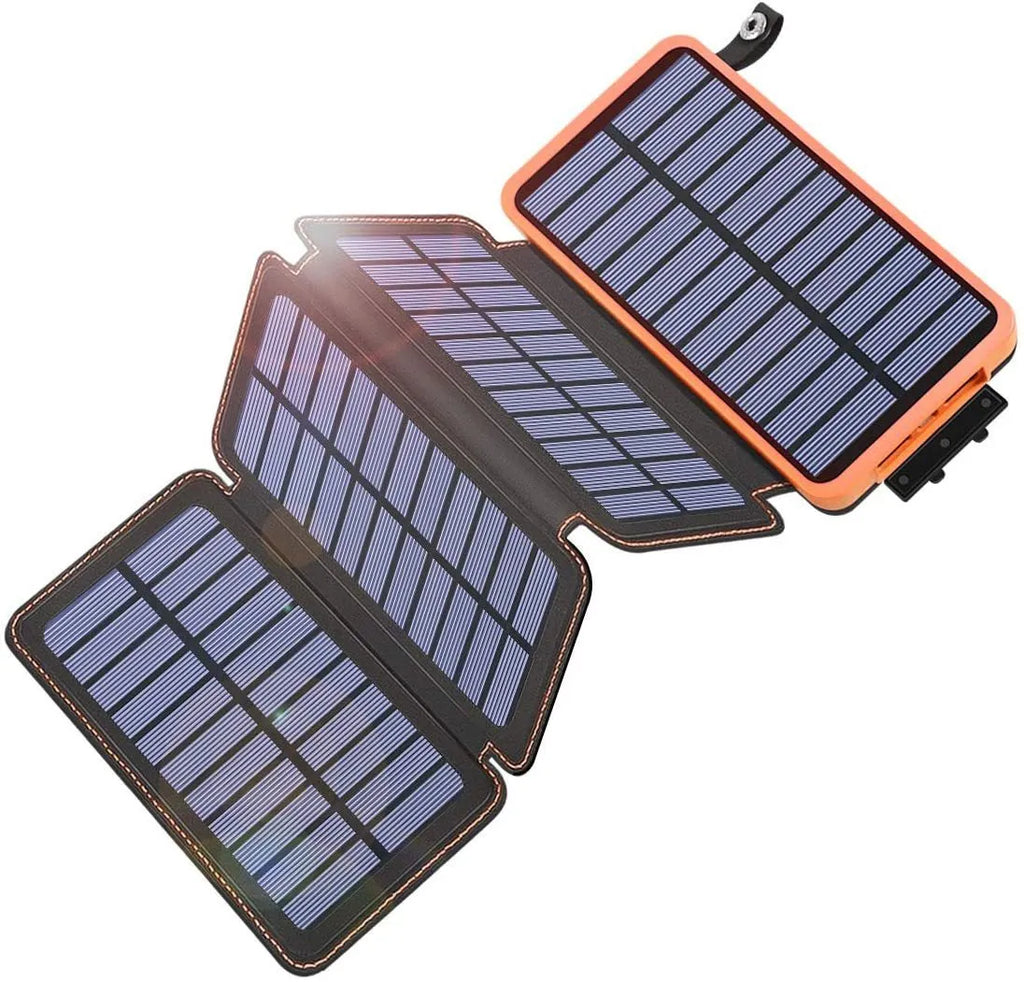 Outdoor solar power bank with waterproof black casing, solar panel, LED light, and USB ports