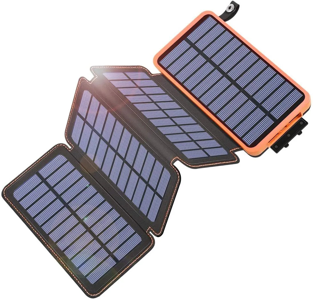 Outdoor solar power bank with waterproof black casing, solar panel, LED light, and USB ports
