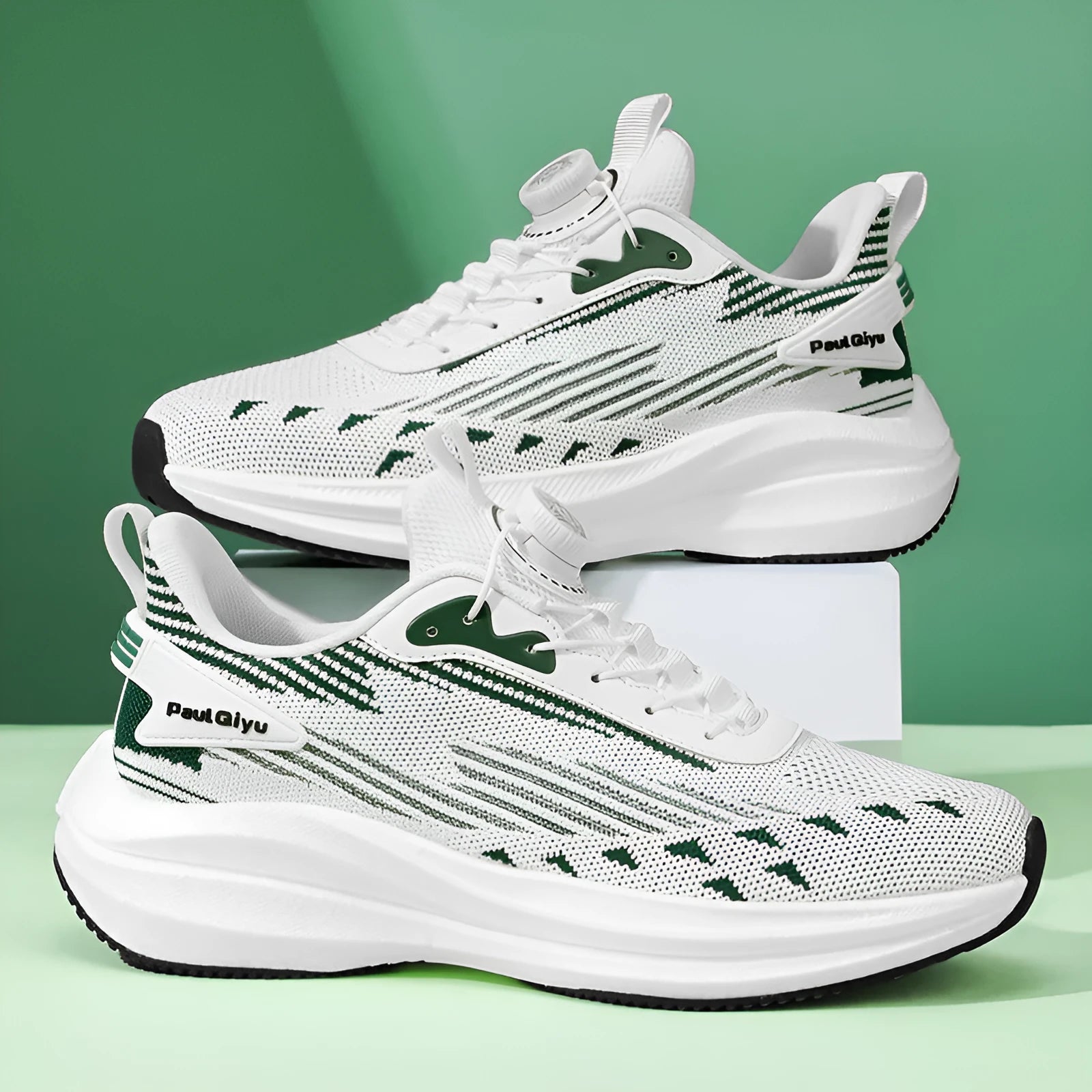 Men's rotating buckle Fly-kit mesh sports running shoes in black, gray, or white and green colour options