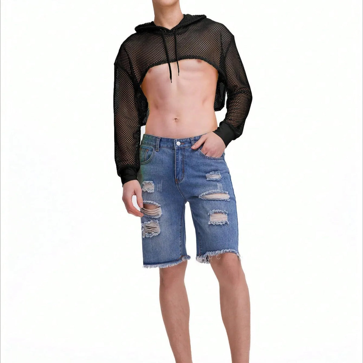 Black men's micro-transparent cutout long sleeve slim fit pullover top, cotton blend, sizes S-XXXL