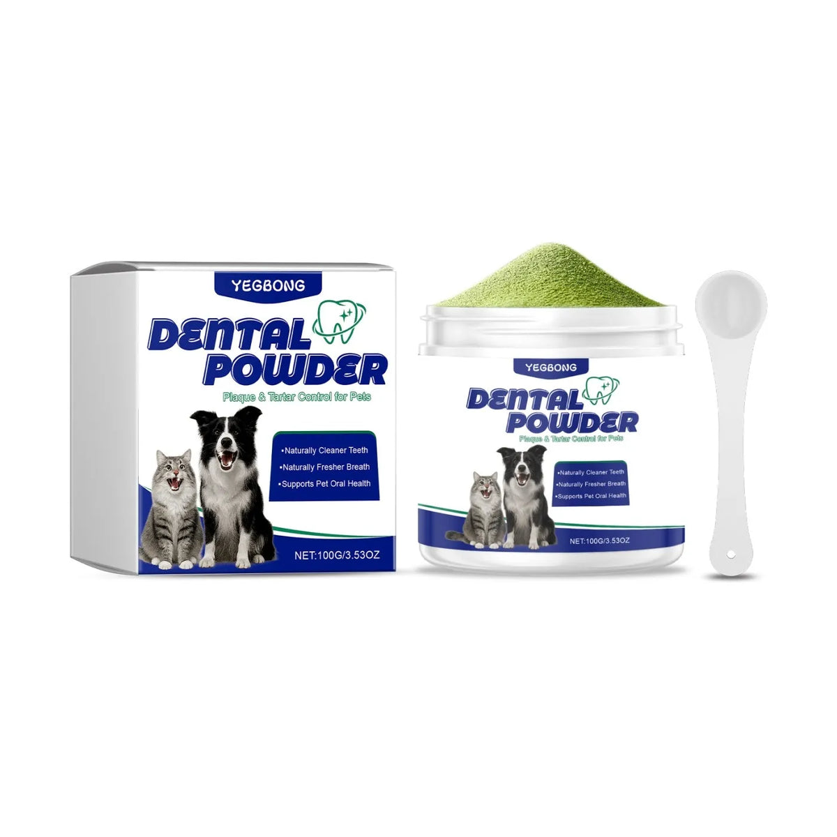 100g pet tooth cleaning powder tub for dog and cat oral hygiene with listed ingredients
