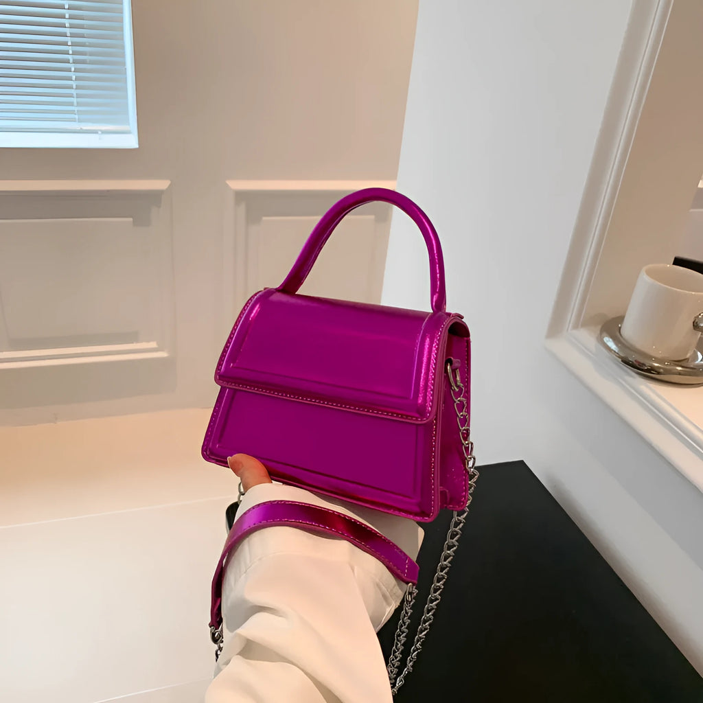 Retro PU crossbody bag in horizontal square shape with sewing line detail