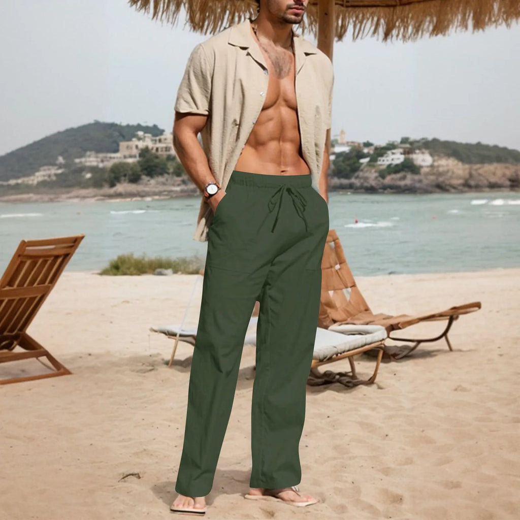 Men's straight leg cotton linen trousers with drawstring elastic waist in various colours