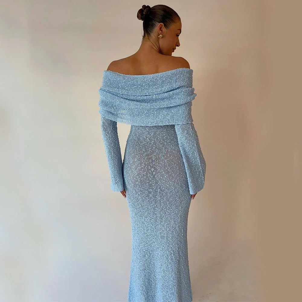 A one-shoulder knit maxi dress in various colors, perfect for beach vacations and summer getaways