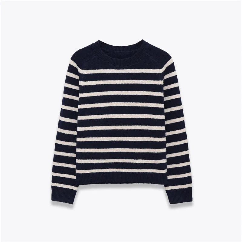 Women's loose striped knit sweater pullover with colour block patchwork in apricot and black, round neck long sleeves