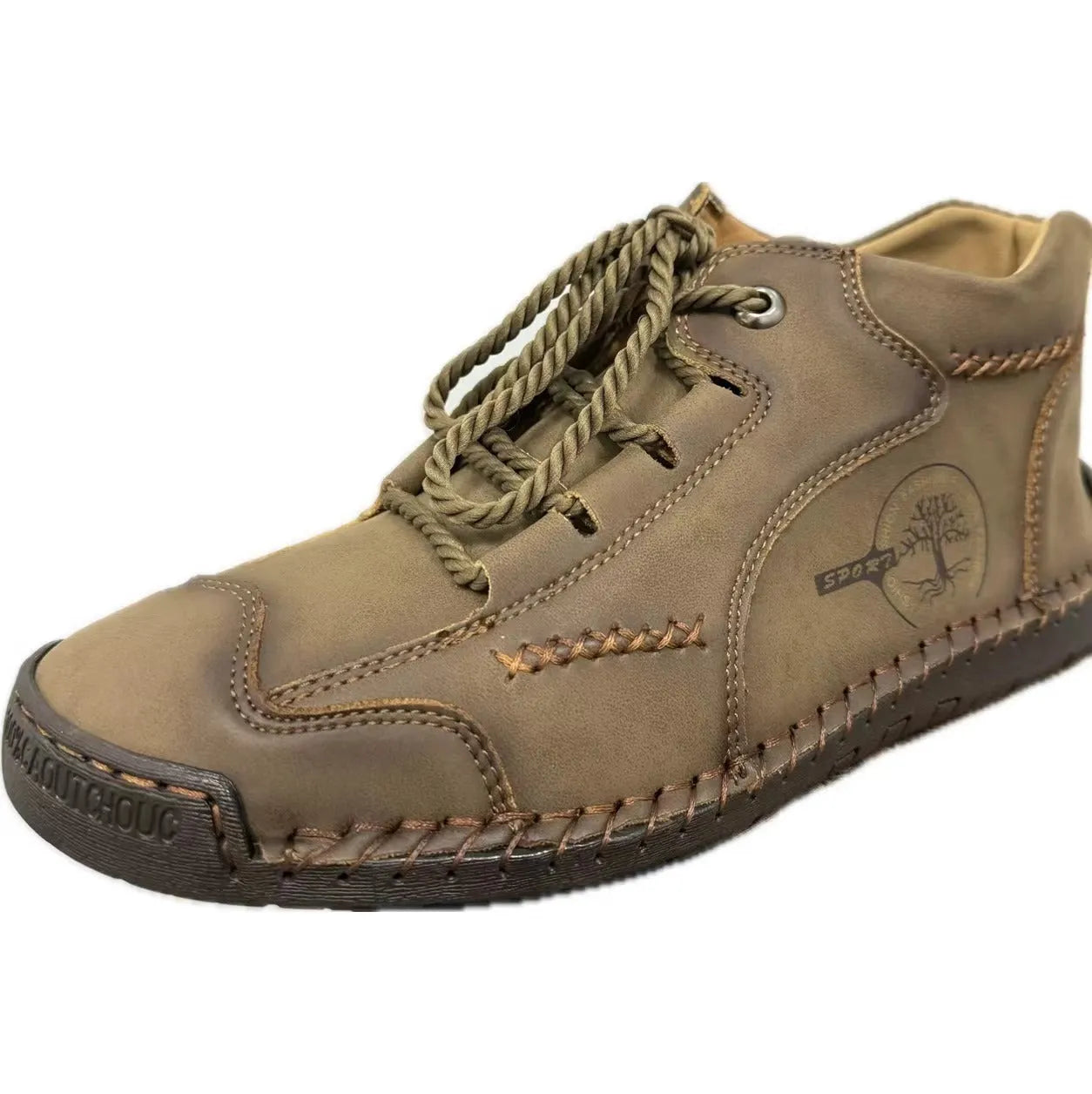 Men's leather high-top casual shoes in army green with front lace-up and round toe design