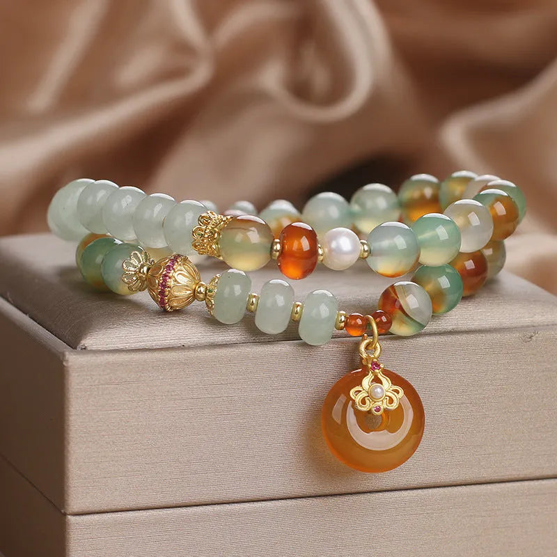 Crystal double ring bracelet in peacock green agate with pearls rhinestones and sequins for women