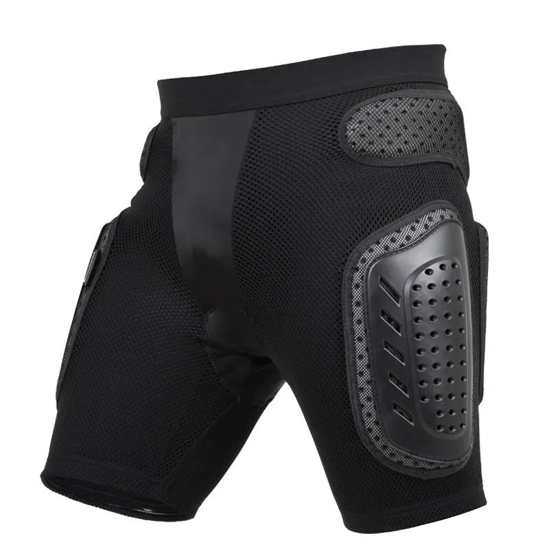 Black cycling hip protection pants with padding around the hip area, shown in sports context