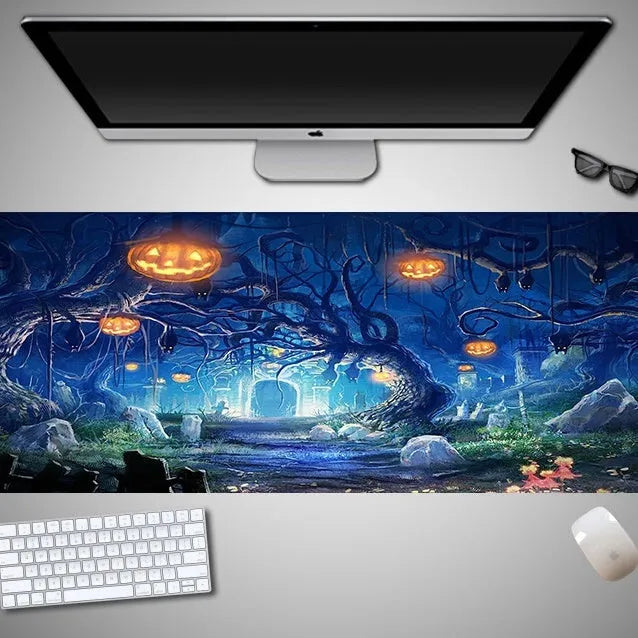 Oversized Halloween gaming mouse pad with non-slip rubber base on a desk