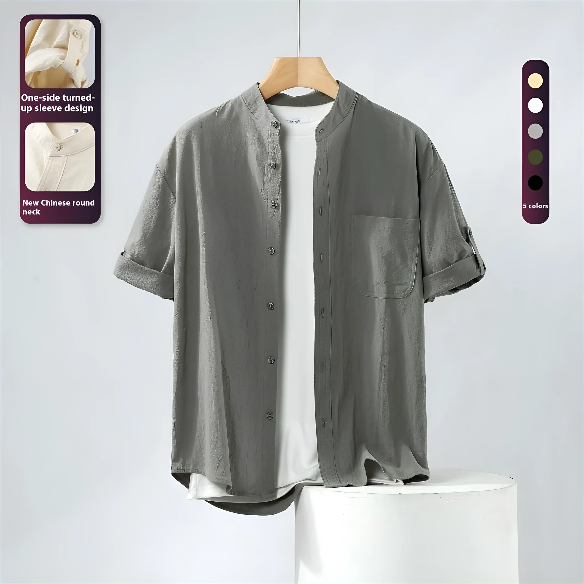 Men's loose fit short-sleeved linen blend shirt in a solid colour with a stand collar