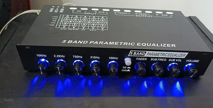 Black car audio EQ frequency division amplifier with control panel for subwoofer adjustment