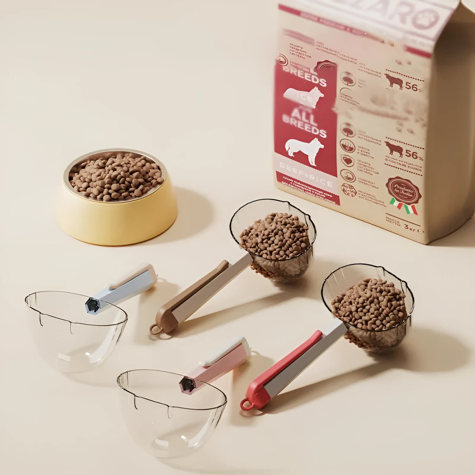 Pet food spoon with clip attachment in various colours for dog and cat feeding